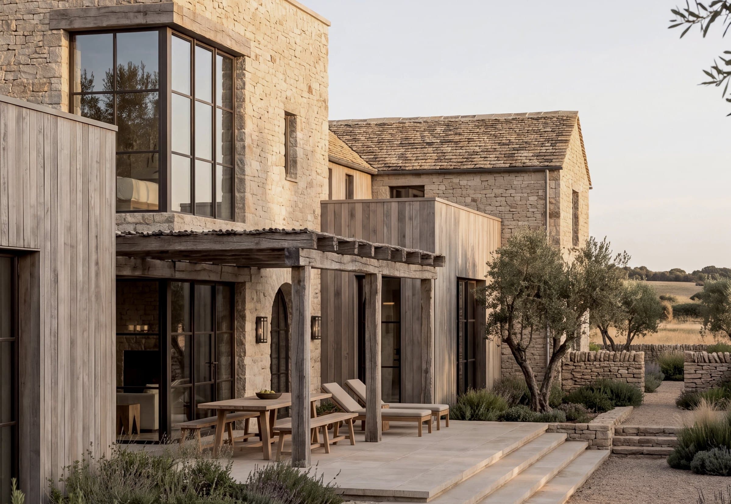 Stone and oak country house with a pergola terrace, olive trees and dry stone walls at sunset