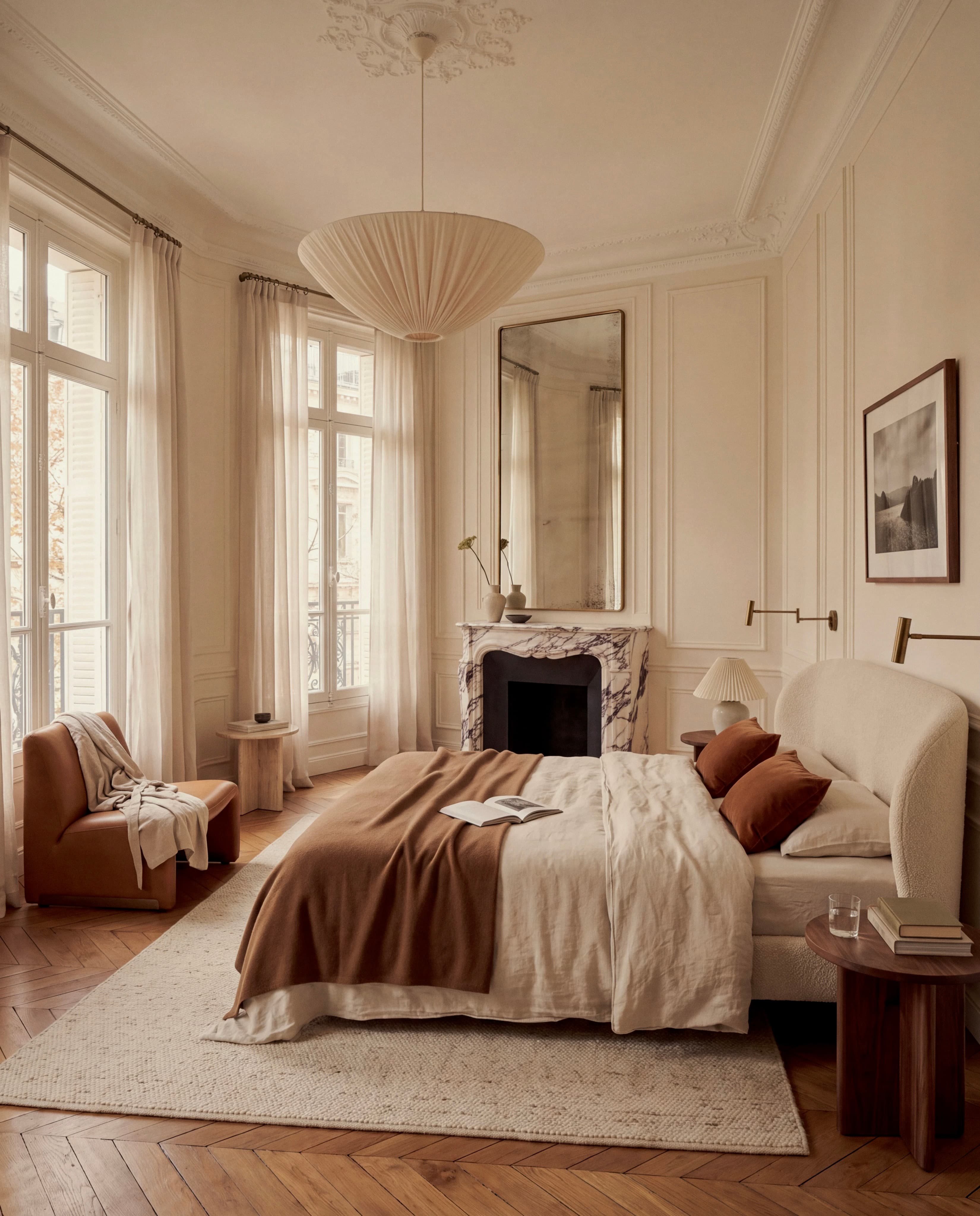 Parisian living room with walnut joinery and sculptural furniture